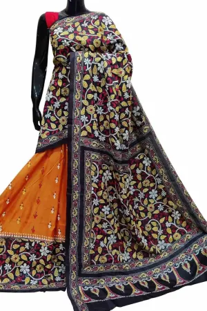 Stunning Orange Kantha Embroidered Bangalore Silk Saree - Hand Painted Beauty