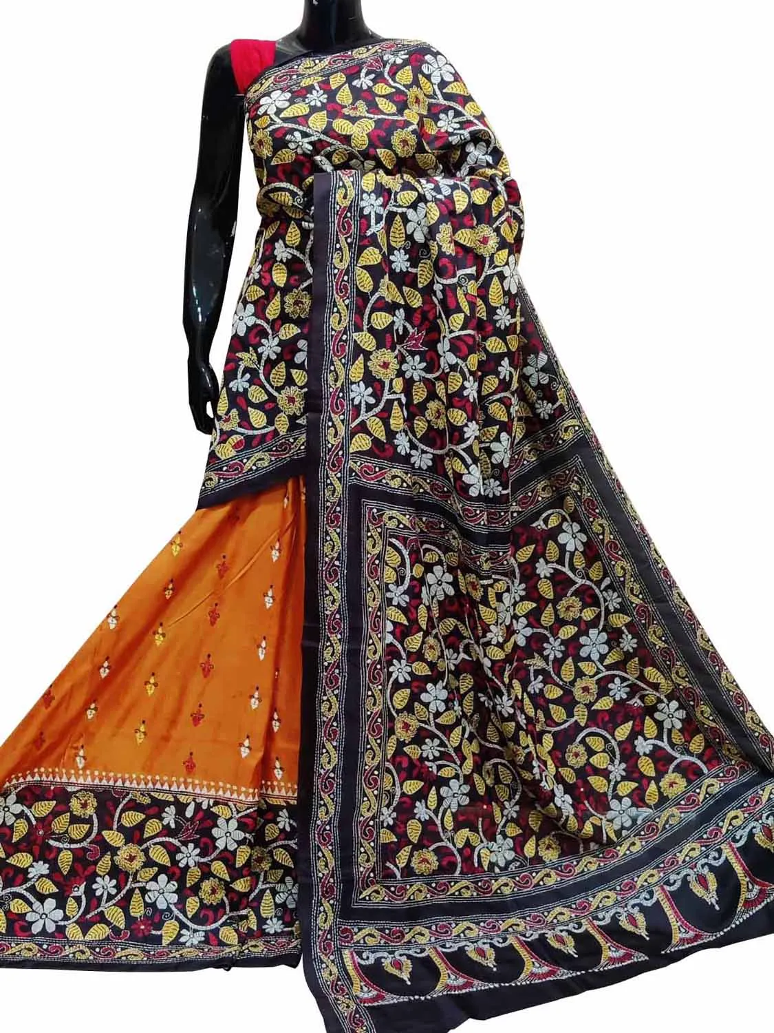 Stunning Orange Kantha Embroidered Bangalore Silk Saree - Hand Painted Beauty