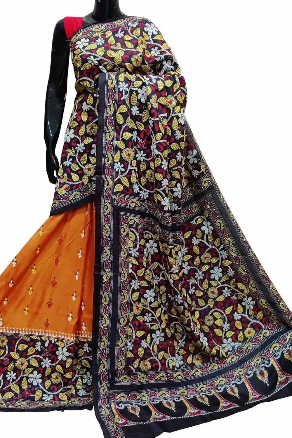 Stunning Orange Kantha Embroidered Bangalore Silk Saree - Hand Painted Beauty