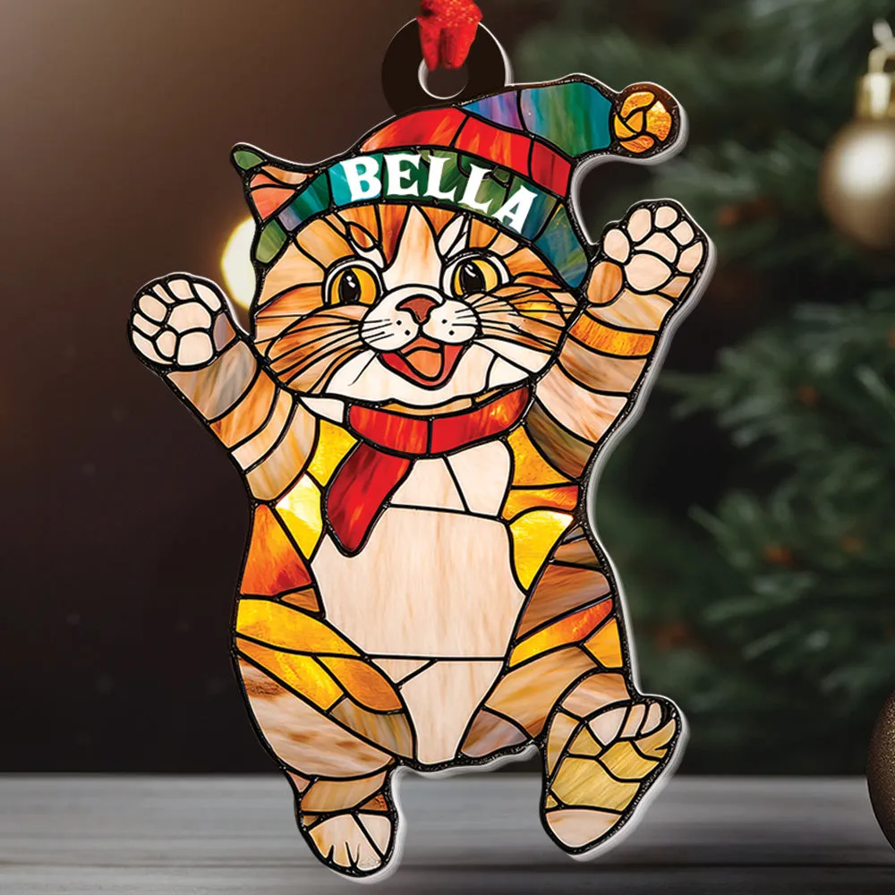 Teesdily | Customized Cat Chrismas Hat Stained Glass Printed 2D Ornament, Cat Light Ornament Christmas Decor, Cat Mom Lover Gift