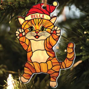 Teesdily | Customized Cat Chrismas Hat Stained Glass Printed 2D Ornament, Cat Light Ornament Christmas Decor, Cat Mom Lover Gift