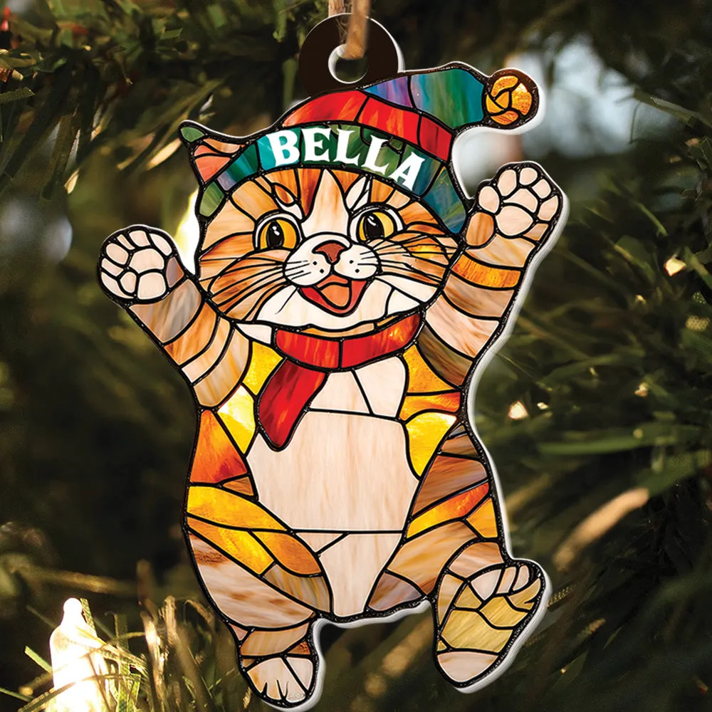 Teesdily | Customized Cat Chrismas Hat Stained Glass Printed 2D Ornament, Cat Light Ornament Christmas Decor, Cat Mom Lover Gift