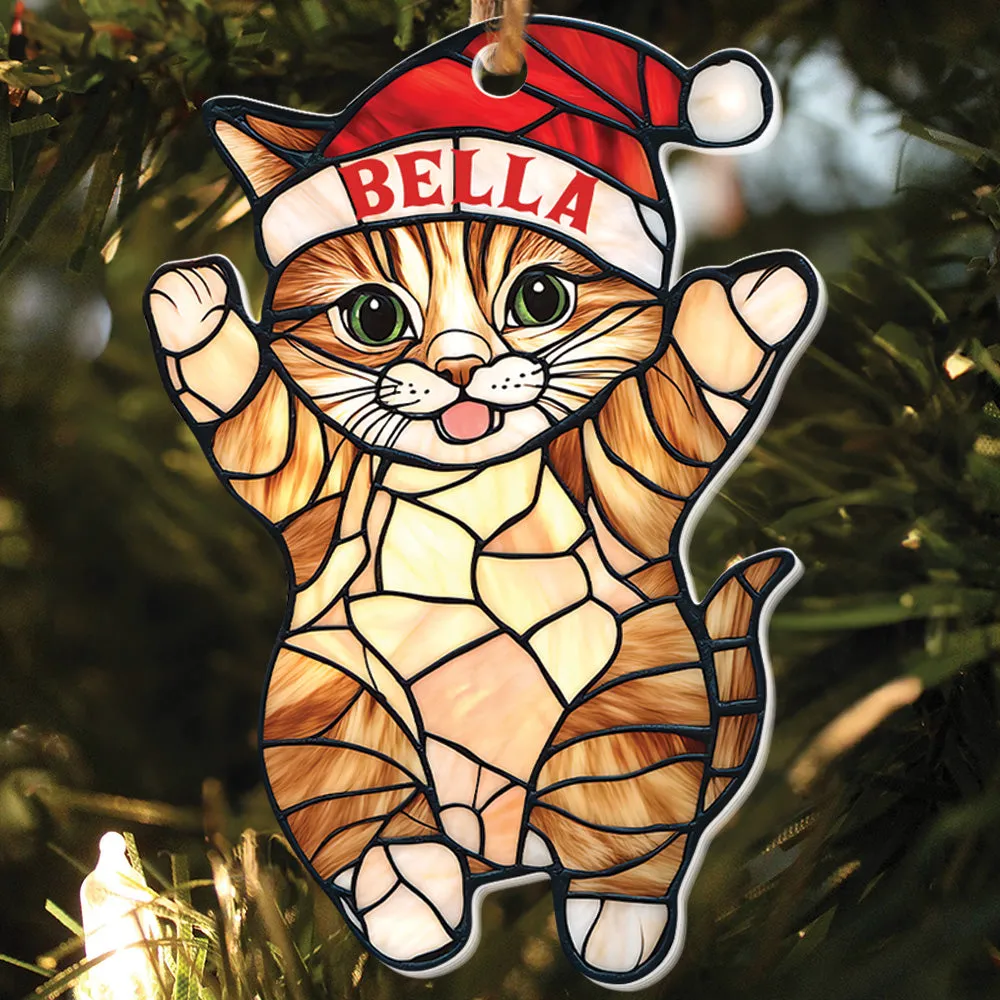 Teesdily | Customized Cat Chrismas Hat Stained Glass Printed 2D Ornament, Cat Light Ornament Christmas Decor, Cat Mom Lover Gift