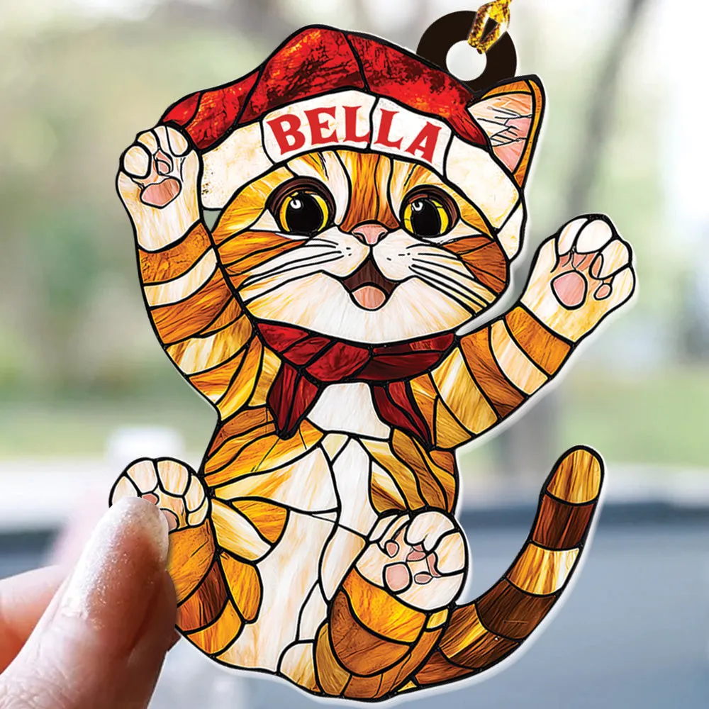 Teesdily | Customized Cat Chrismas Hat Stained Glass Printed 2D Ornament, Cat Light Ornament Christmas Decor, Cat Mom Lover Gift