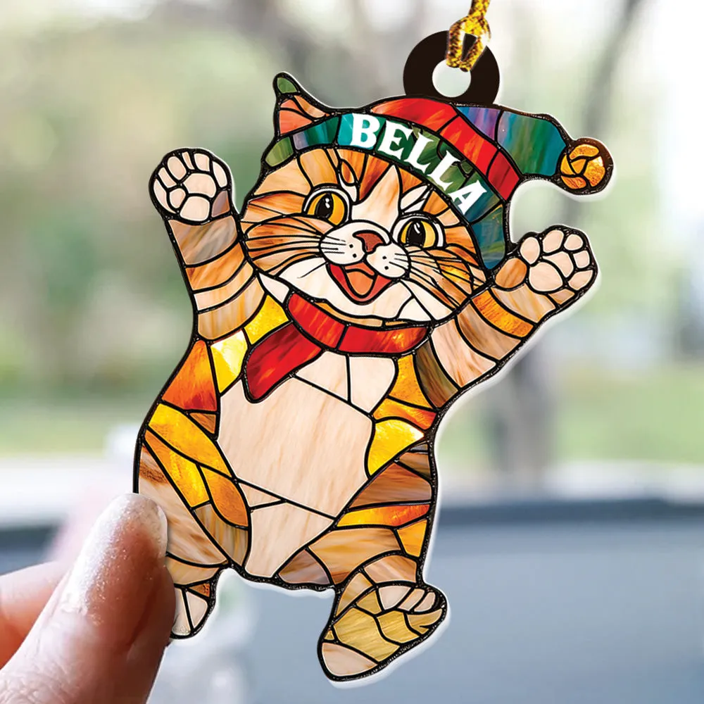 Teesdily | Customized Cat Chrismas Hat Stained Glass Printed 2D Ornament, Cat Light Ornament Christmas Decor, Cat Mom Lover Gift