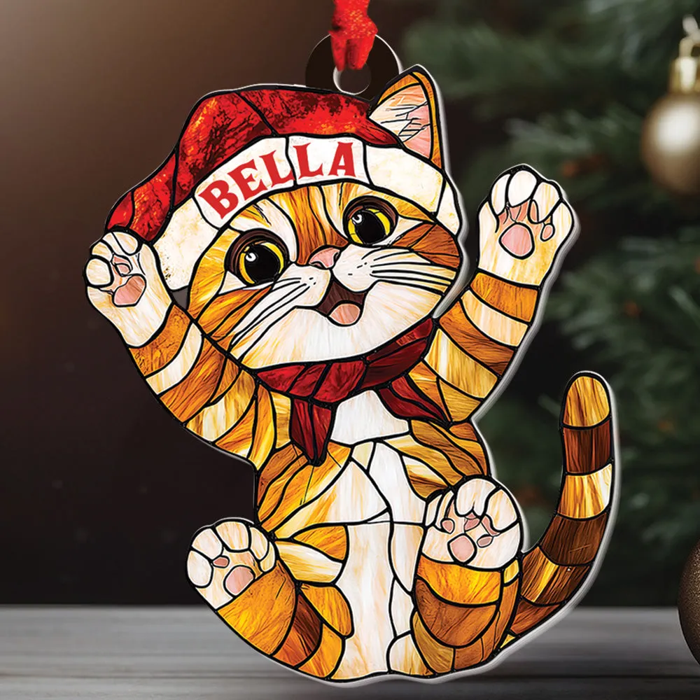Teesdily | Customized Cat Chrismas Hat Stained Glass Printed 2D Ornament, Cat Light Ornament Christmas Decor, Cat Mom Lover Gift