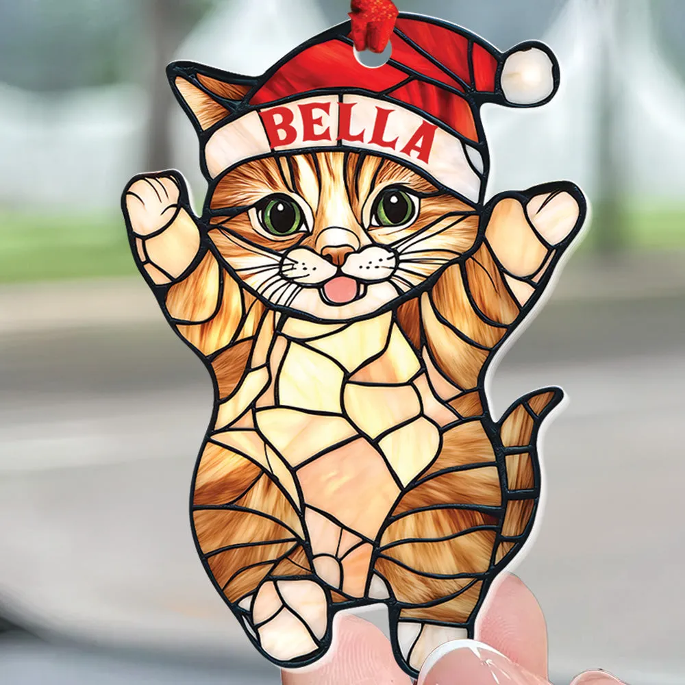 Teesdily | Customized Cat Chrismas Hat Stained Glass Printed 2D Ornament, Cat Light Ornament Christmas Decor, Cat Mom Lover Gift