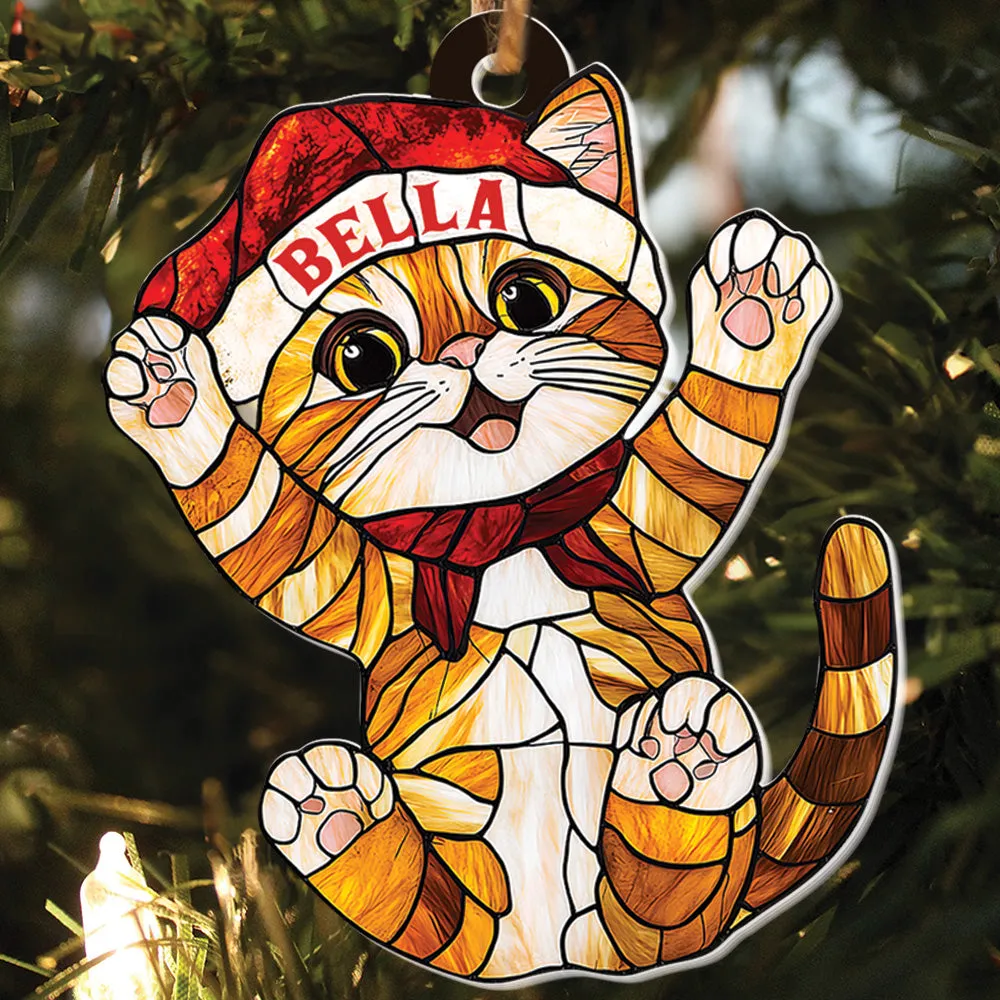 Teesdily | Customized Cat Chrismas Hat Stained Glass Printed 2D Ornament, Cat Light Ornament Christmas Decor, Cat Mom Lover Gift