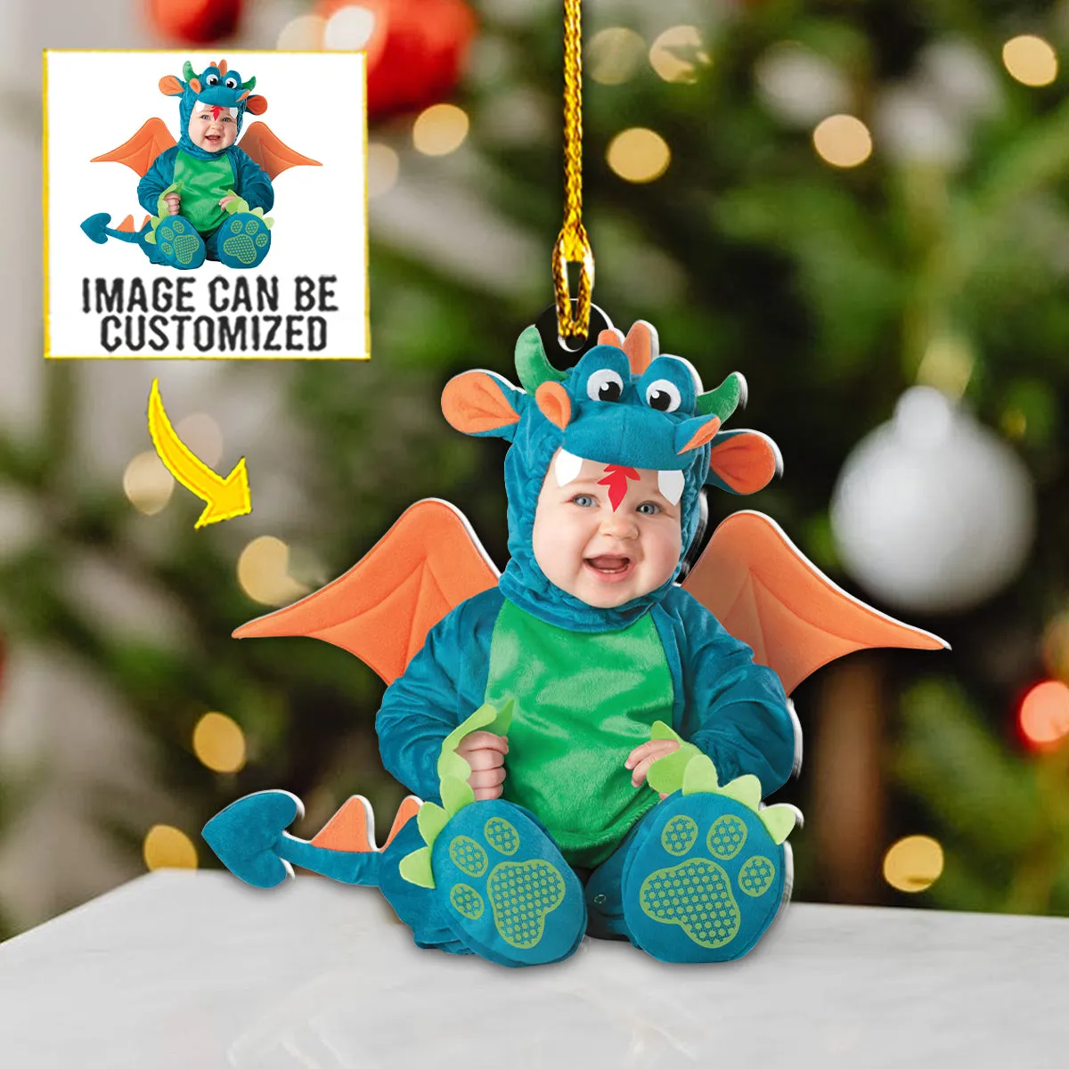 Teesdily | Customized Photo Dinosaur Baby Christmas Ornament Kidroom Decoration Cute Baby Ornament Gift For Parents Personalised Photo Ornament
