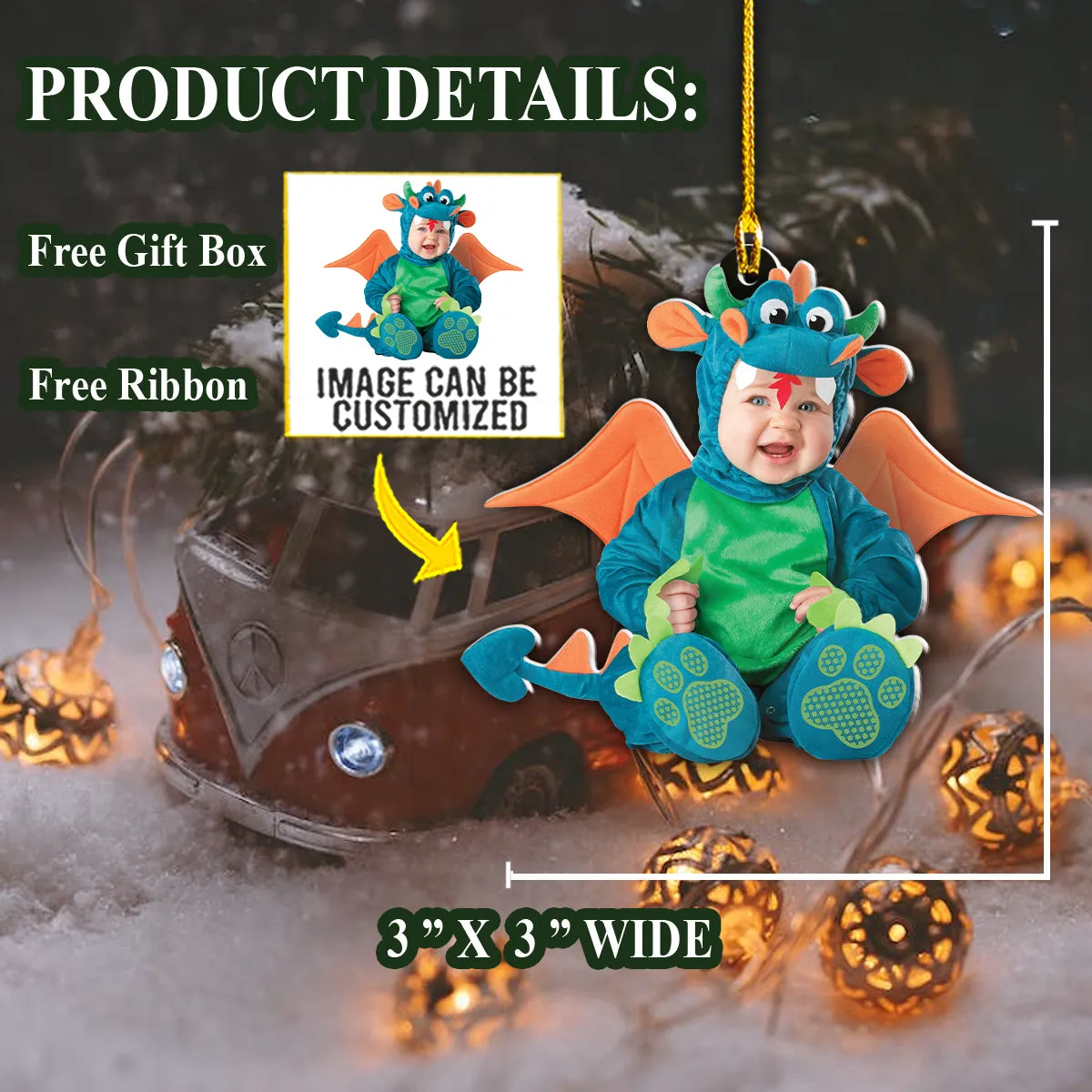 Teesdily | Customized Photo Dinosaur Baby Christmas Ornament Kidroom Decoration Cute Baby Ornament Gift For Parents Personalised Photo Ornament