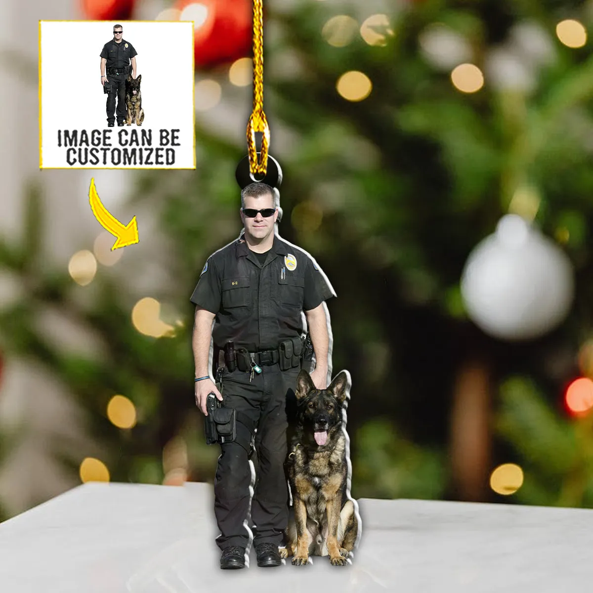 Teesdily | Customized Photo Police And Dog Rearview Mirror Charms Policeman Christmas Ornament Custom Photo Ornament Two Sided Rearview Mirror Charms
