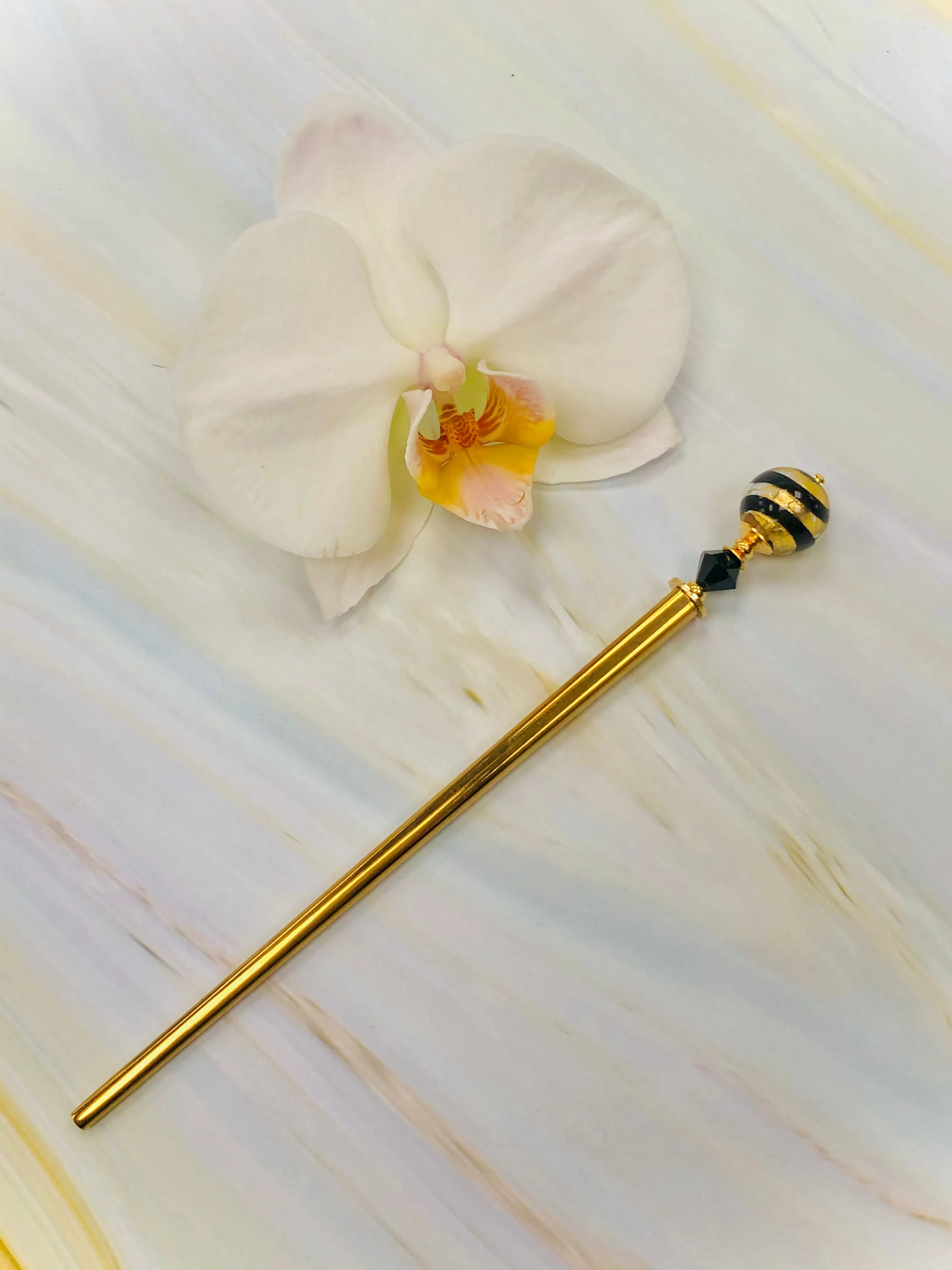 Tigre Venetian 24k gold Art glass hair stick, hand made hair stick, shawl pin, sweater pin,