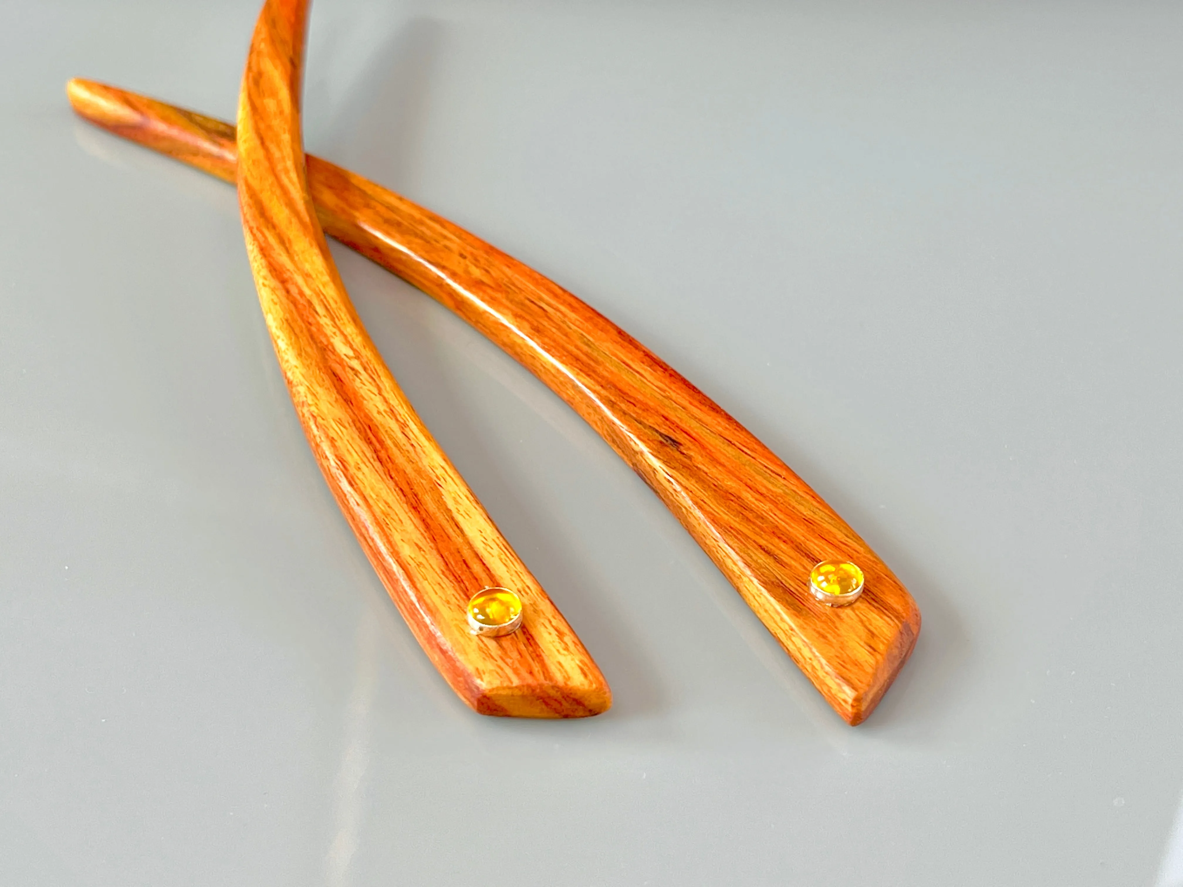 Tulipwood and Citrine gemstone wood hair sticks, wooden hair sticks
