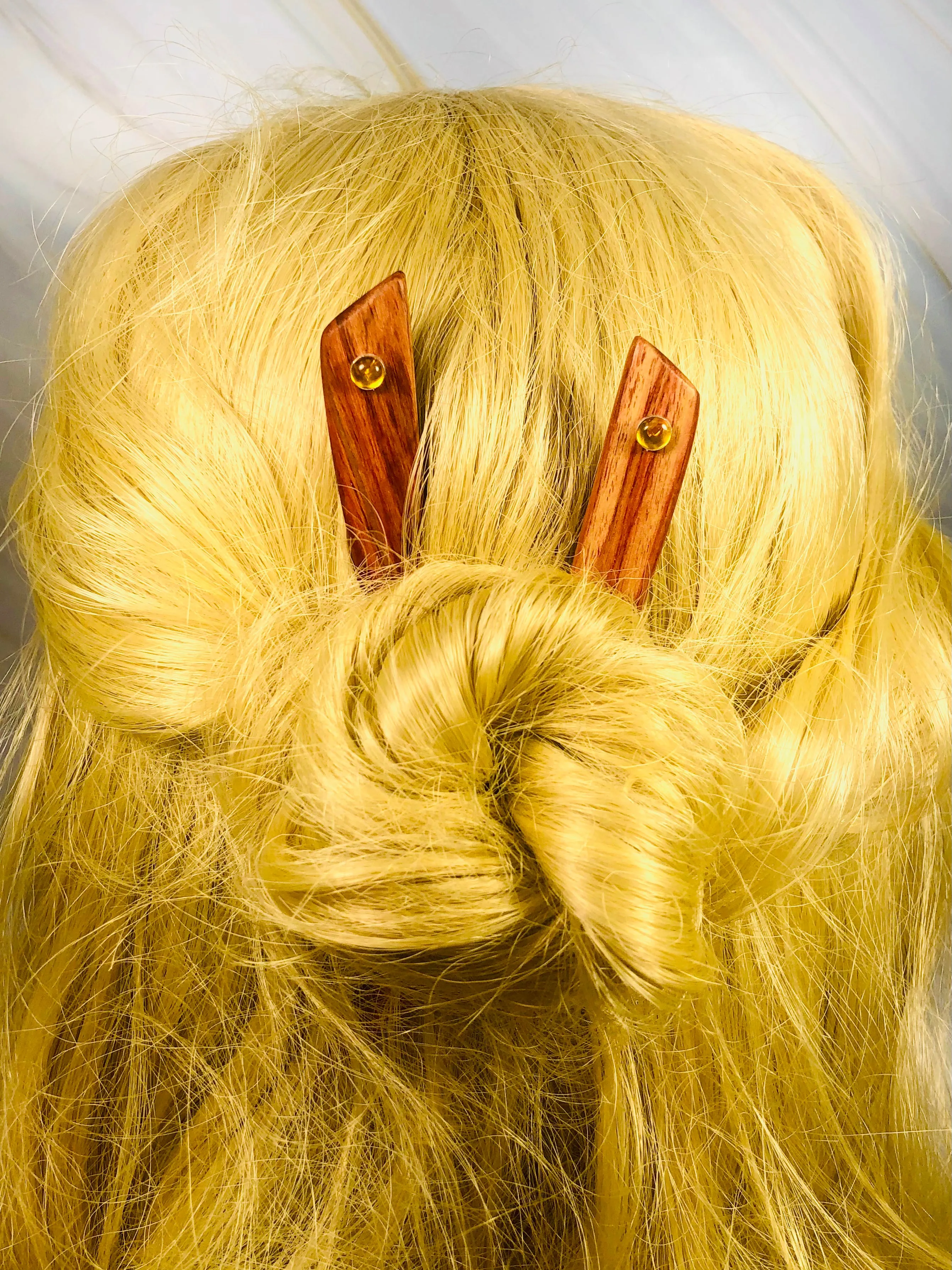 Tulipwood and Citrine gemstone wood hair sticks, wooden hair sticks