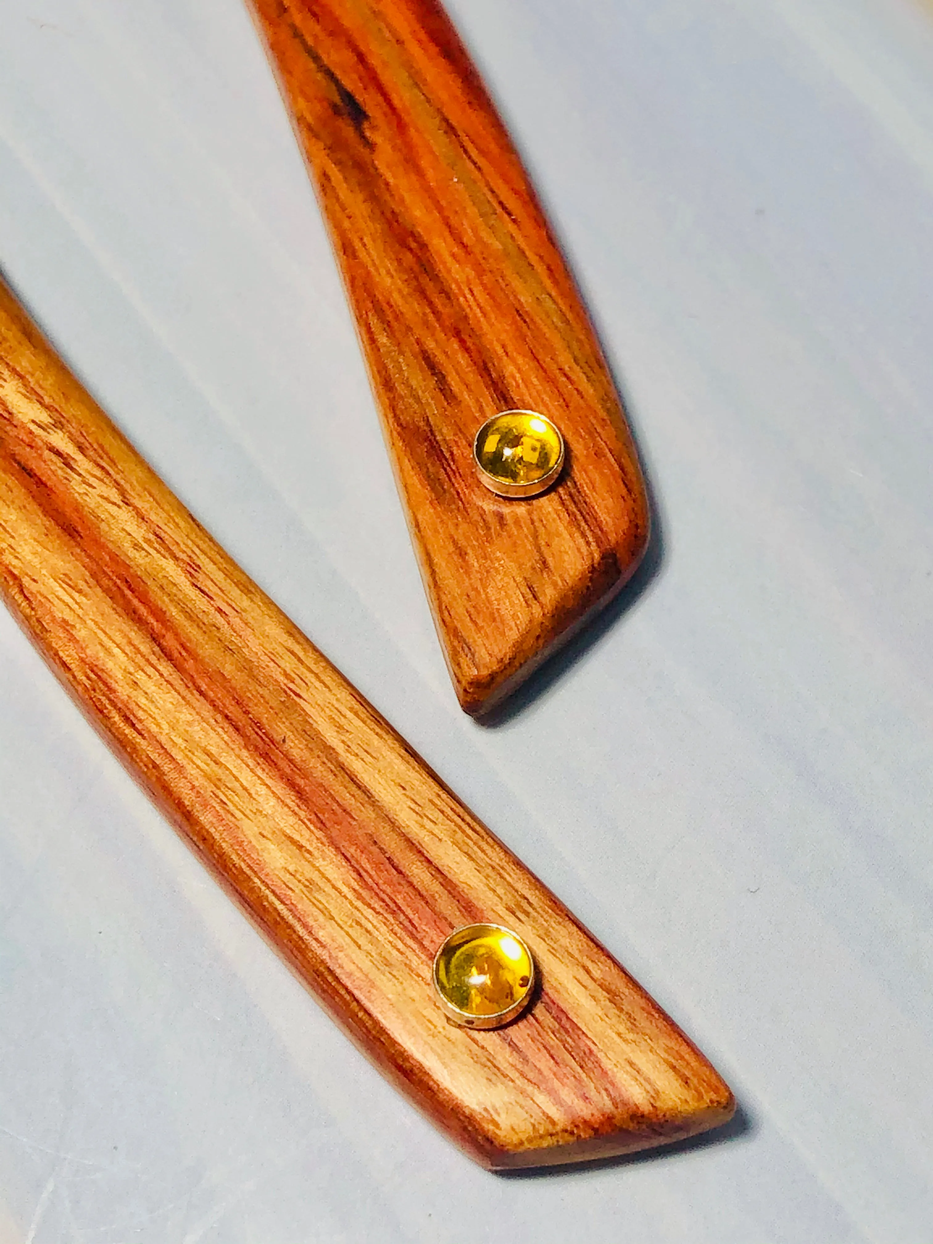 Tulipwood and Citrine gemstone wood hair sticks, wooden hair sticks
