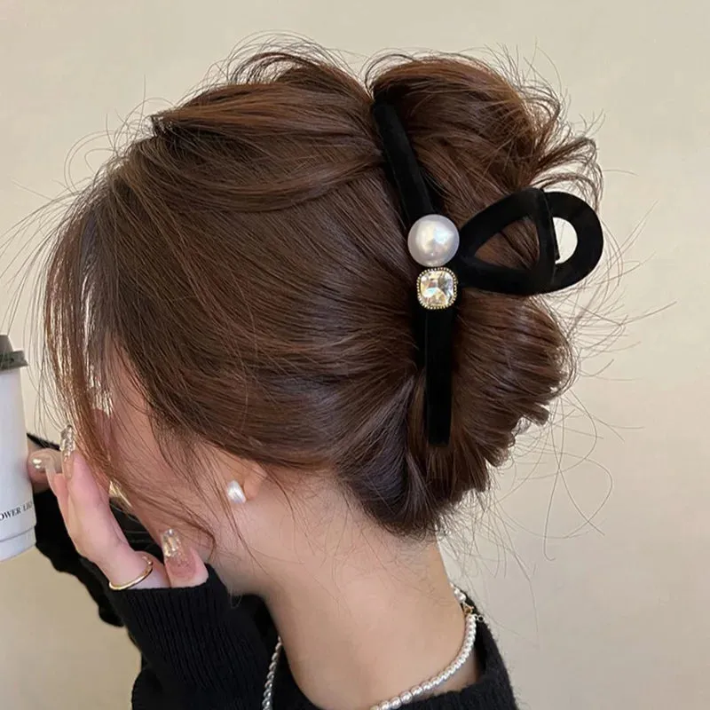 VAIGE 13cm Flocking Pearl Hair Claw Clip with Water Diamond Accents - Elegant Hair Accessories for Stylish Updos