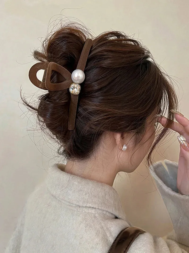 VAIGE 13cm Flocking Pearl Hair Claw Clip with Water Diamond Accents - Elegant Hair Accessories for Stylish Updos