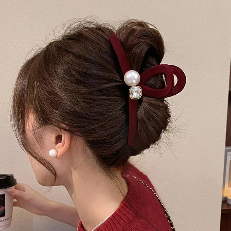 VAIGE 13cm Flocking Pearl Hair Claw Clip with Water Diamond Accents - Elegant Hair Accessories for Stylish Updos