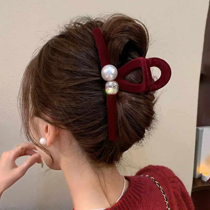 VAIGE 13cm Flocking Pearl Hair Claw Clip with Water Diamond Accents - Elegant Hair Accessories for Stylish Updos