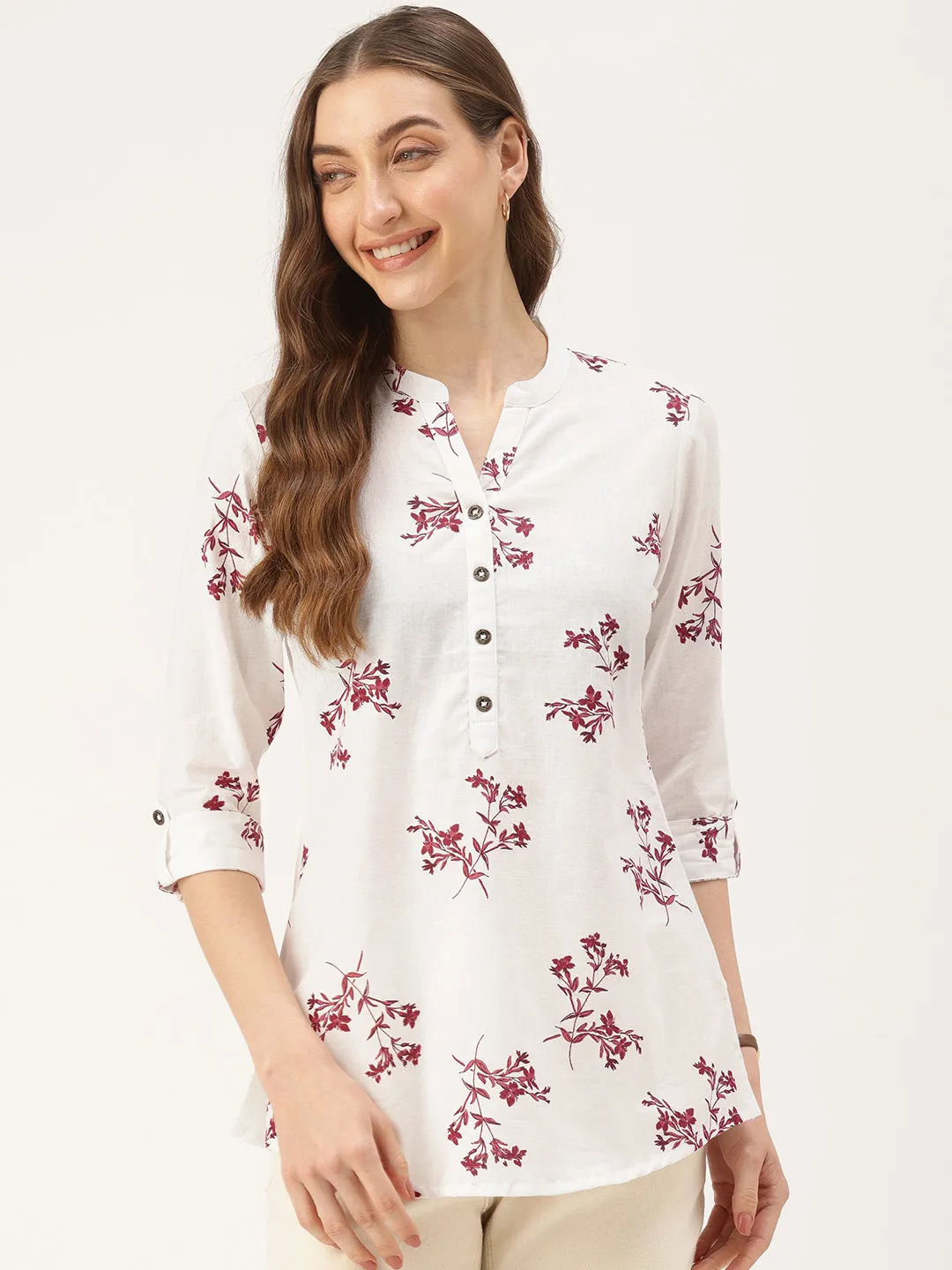 White Floral Printed Cotton Tunic