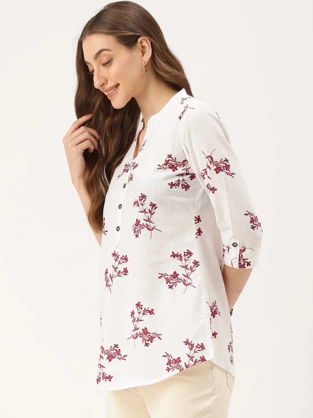 White Floral Printed Cotton Tunic