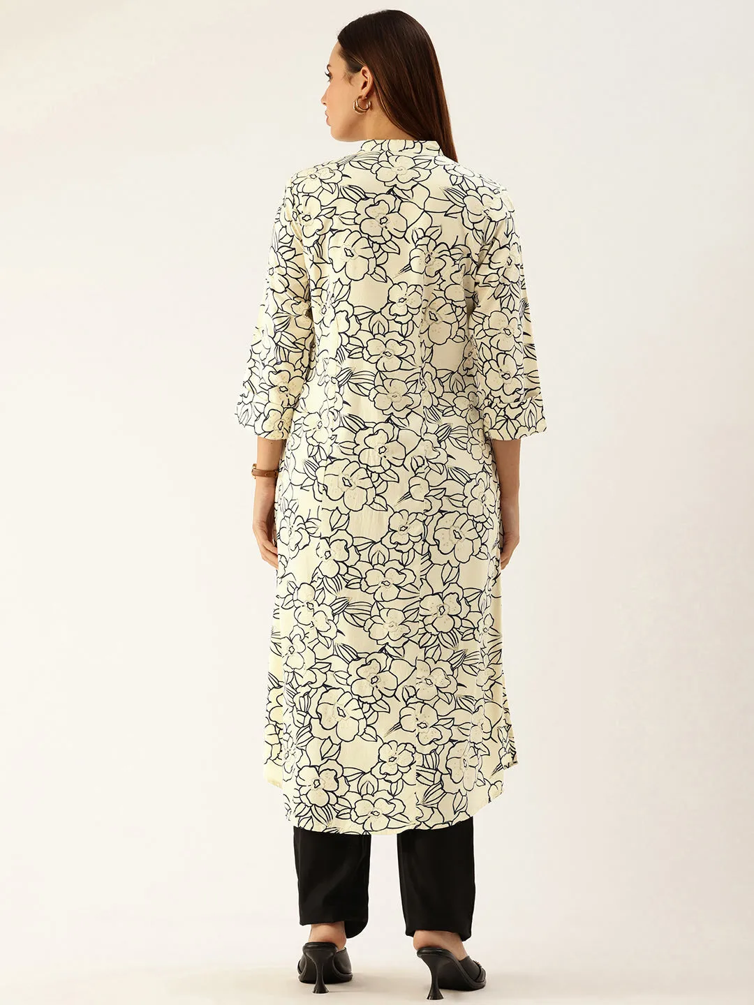 White Floral Printed Rayon Kurta