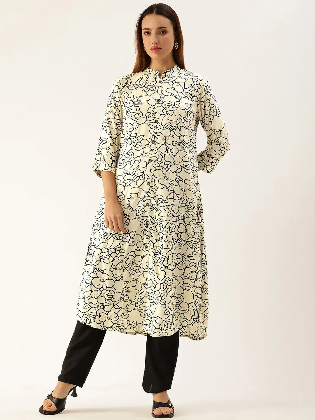 White Floral Printed Rayon Kurta