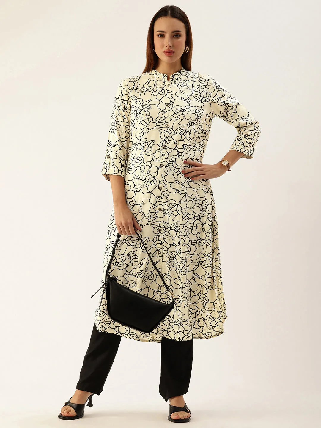 White Floral Printed Rayon Kurta