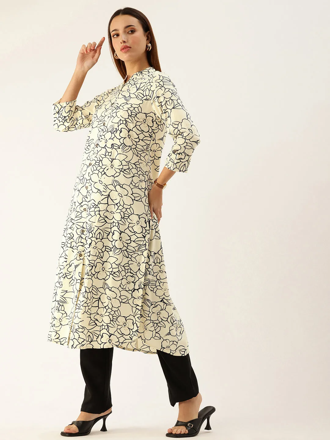White Floral Printed Rayon Kurta