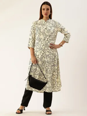 White Floral Printed Rayon Kurta
