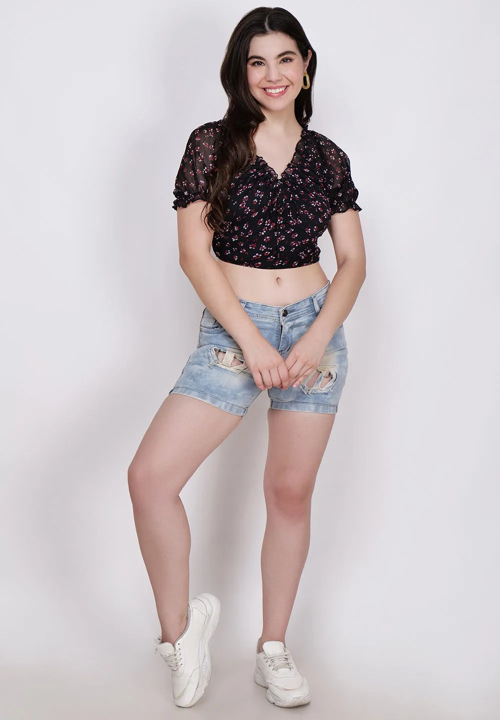 Women's Floral Printed Blouson Black Crop Top