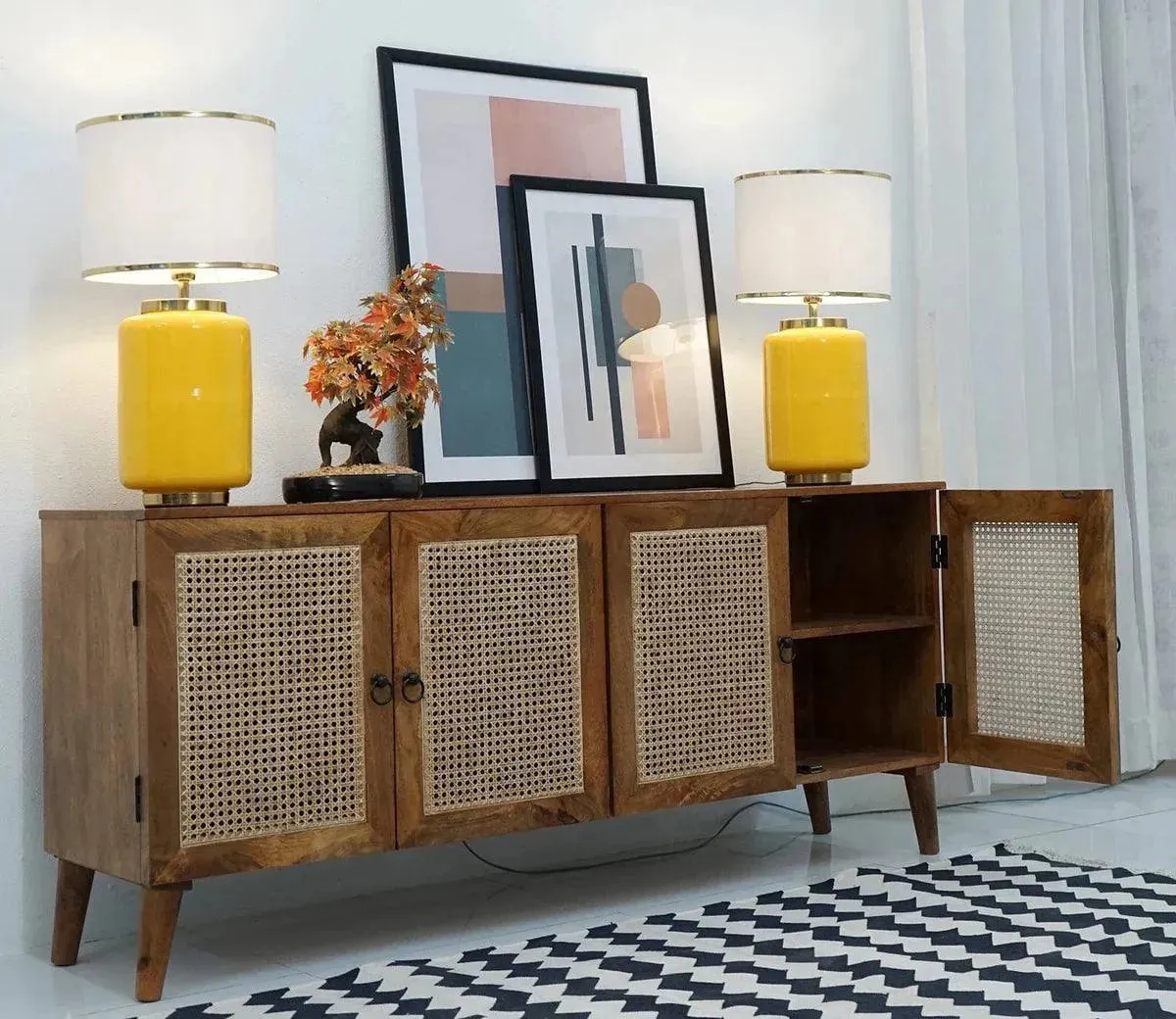 Wooden Twist Cane Rattan Mango Wood Cabinet and Sideboard with 4 Doors
