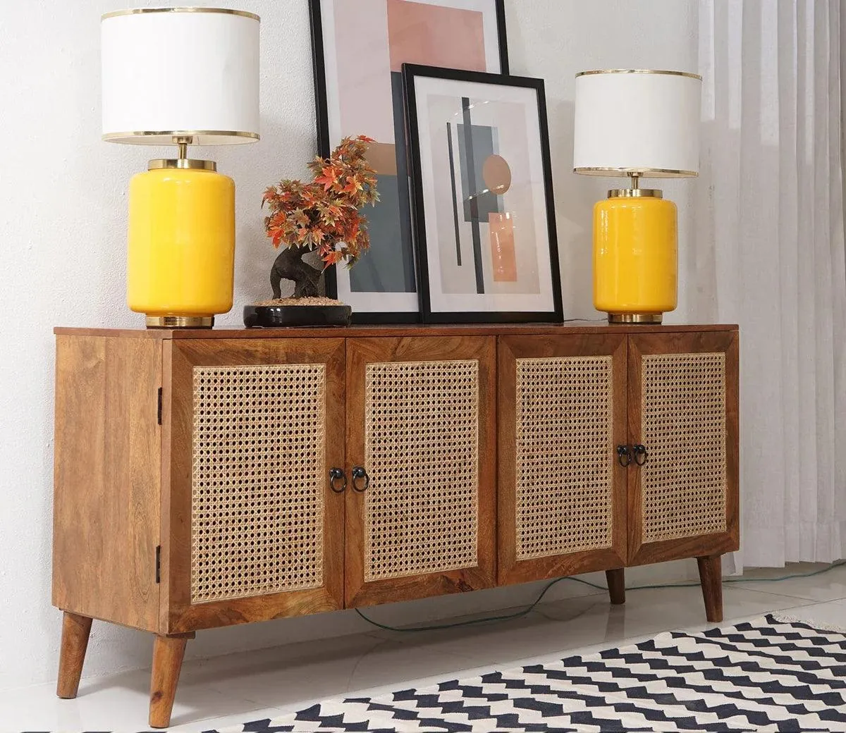 Wooden Twist Cane Rattan Mango Wood Cabinet and Sideboard with 4 Doors