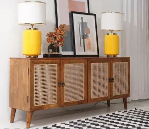 Wooden Twist Cane Rattan Mango Wood Cabinet and Sideboard with 4 Doors