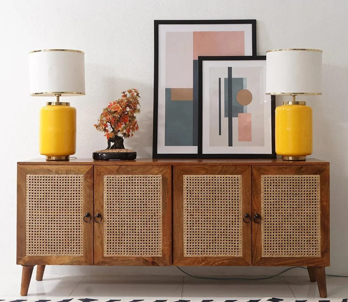 Wooden Twist Cane Rattan Mango Wood Cabinet and Sideboard with 4 Doors