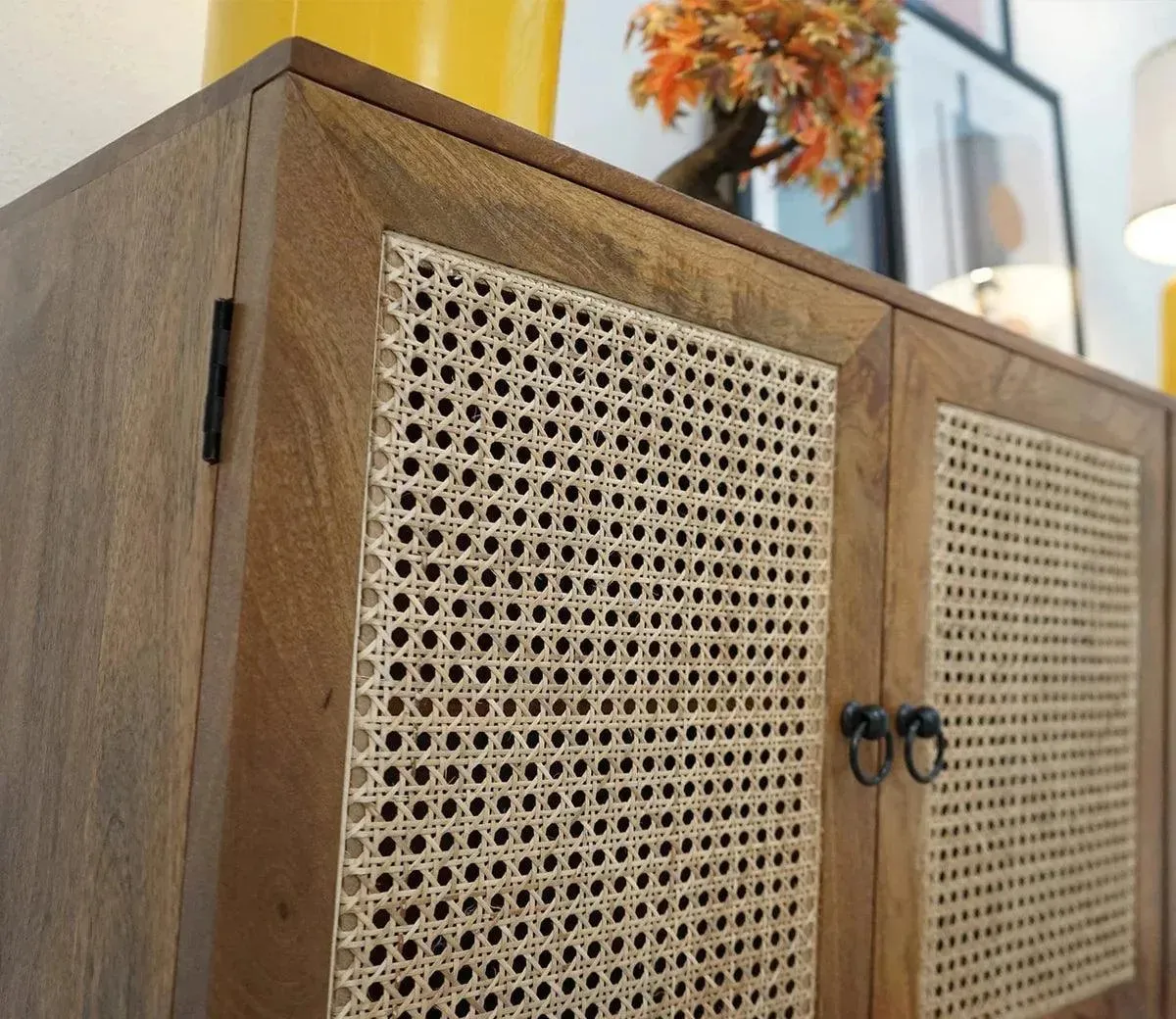 Wooden Twist Cane Rattan Mango Wood Cabinet and Sideboard with 4 Doors