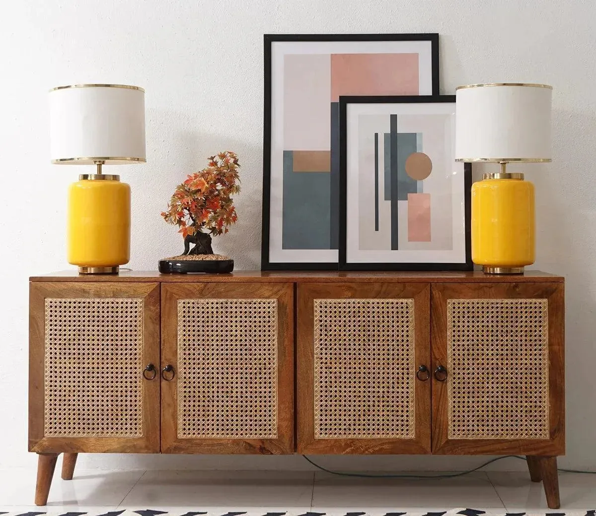 Wooden Twist Cane Rattan Mango Wood Cabinet and Sideboard with 4 Doors