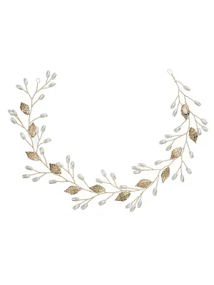 Yellow Chimes Bridal Hair Vine for Women and Girls Bridal Hair Accessories for Wedding Golden Headband Hair Accessories Wedding Jewellery for Women Leafy Pearl Bridal Wedding Head band Hair Vine