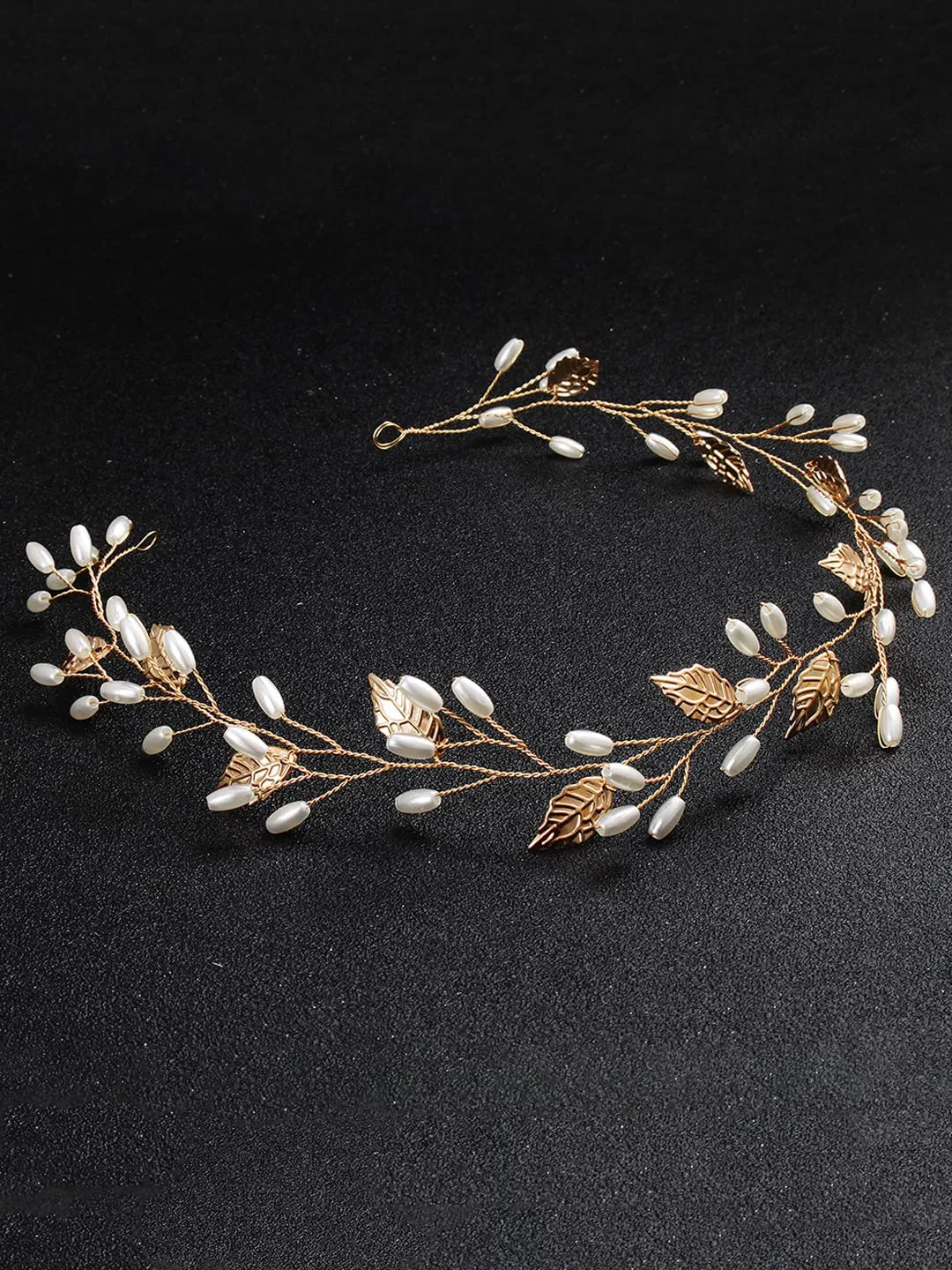 Yellow Chimes Bridal Hair Vine for Women and Girls Bridal Hair Accessories for Wedding Golden Headband Hair Accessories Wedding Jewellery for Women Leafy Pearl Bridal Wedding Head band Hair Vine