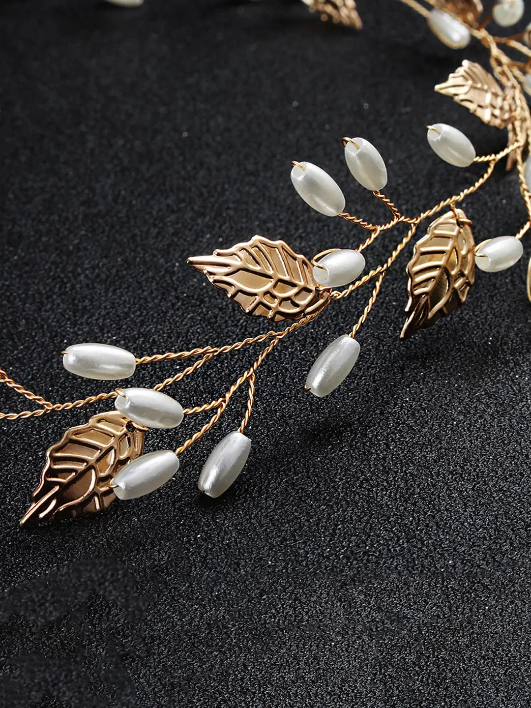 Yellow Chimes Bridal Hair Vine for Women and Girls Bridal Hair Accessories for Wedding Golden Headband Hair Accessories Wedding Jewellery for Women Leafy Pearl Bridal Wedding Head band Hair Vine